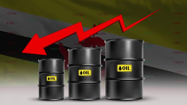 Brunei flag with oil barrels and red downward arrow falling crude prices economic decline