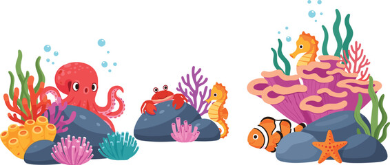 Kawaii Underwater Scene Icon Set Featuring Octopus, Crab, Seahorse, Fish, Starfish, and Coral for Fun, Ocean, and Marine Life Designs © Shahanaj