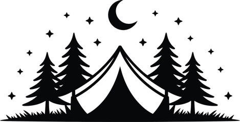 Obraz premium A black silhouette of a tent under the starry moon.