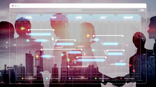Business Project Timeline Illustration with Teamwork Silhouette Against Modern Skyline and Digital Interface for Planning and Collaboration Sigmoid