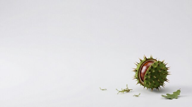 Single horse chestnut in a green spiky husk with a leaf on white
