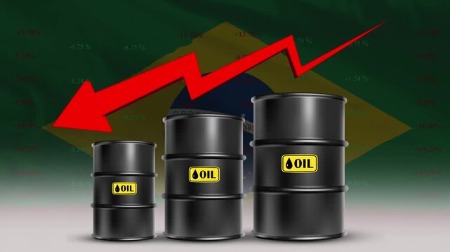Brazil Flag with Oil Barrels and Red Downward Arrow Falling Crude Prices Economic Decline