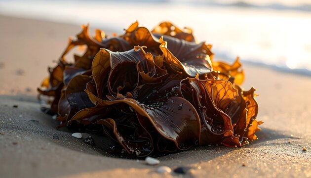 Close-up of brown seaweed on sandy beach with sunlight