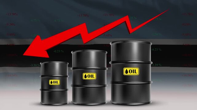 Estonia flag with oil barrels and red downward arrow falling crude prices economic decline