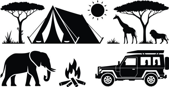 African Safari Adventure Elements Featuring Wildlife and Camping Equipment