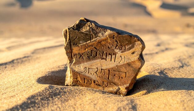 Ancient Aramaic Inscription Carved on a Weathered Stone Tablet Fragment in Desert Sand
