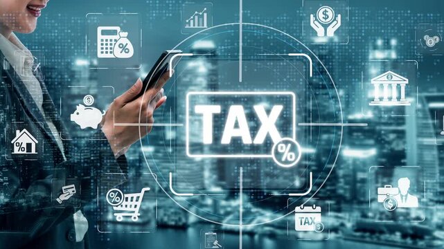 Modern Business Woman Engaged in Digital Tax Management with Financial Icons and Urban Background Sigmoid