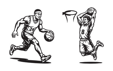 Basketball Player Characters Dribbling the Ball and Performing Slam Dunk © trianatio