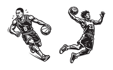Basketball Player Characters Dribbling the Ball and Performing Slam Dunk © trianatio