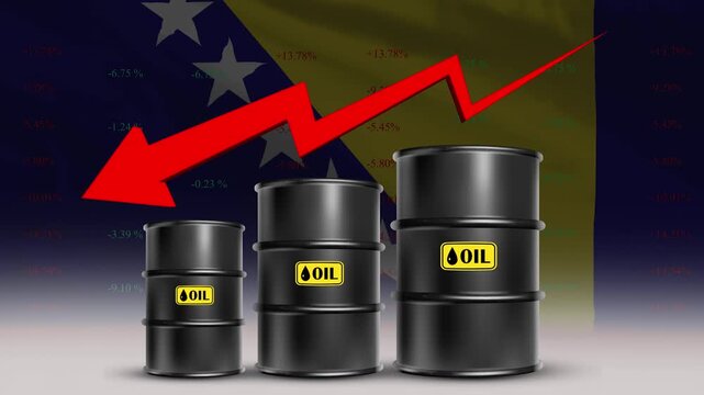 Bosnia Flag with Oil Barrels and Red Downward Arrow Falling Crude Prices Economic Decline