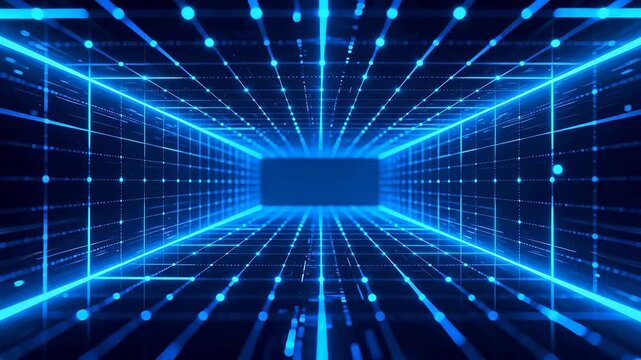 Blue neon grid tunnel perspective