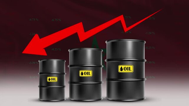 Morocco Flag with Oil Barrels and Red Downward Arrow Falling Crude Prices Economic Decline