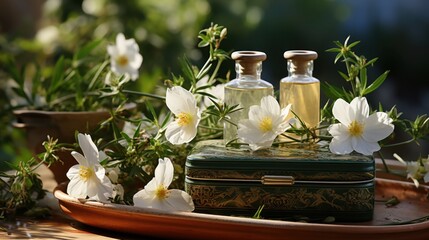 Obraz premium Aromatherapy Oils with Flowers in Box
