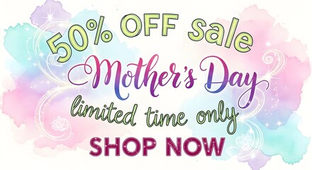 Fototapeta premium Mothers day 50% off sale banner with pastel watercolor background