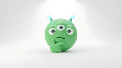 Fototapeta premium Green alien emoji character with three eyes and glowing antennae pondering on a white background.
