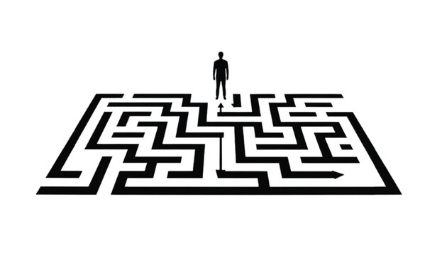 Business user navigating through AI generated maze silhouette scene representing problem solving strategy and intelligent path finding concept