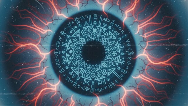 Human eye with glowing iris containing magical symbols and electrical neural energy. Concept of mind control and hypnosis. Digital brain manipulation and future consciousness science.