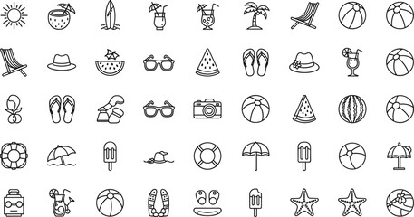 Fototapeta premium PrintSummer beach icon set with sun, surfboard, drinks, flip flops, sunglasses and tropical elements, minimal outline vector collection for vacation and travel design