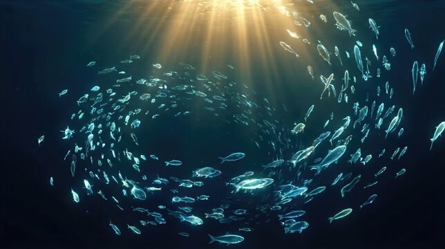 School of fish swimming in deep ocean water with sun rays beaming from surface. Biblical genesis day 5 concept depicting creation of aquatic animal in peaceful underwater marine life.