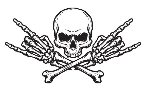 Angry Human Skull with Crossed Skeleton Rock On Hands Sign