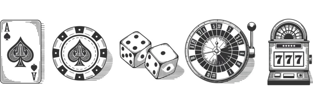 Classic Casino Gambling Objects Set, Ace of Spades, Poker Chips, Dice, Roulette Wheel and Slot Machine in Black and White Woodcut Engraving Style Illustration