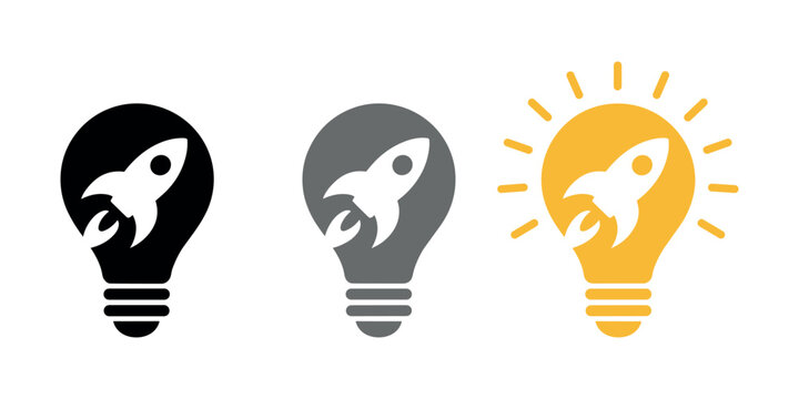 Three light bulb with rocket ship inside black gray yellow in white background