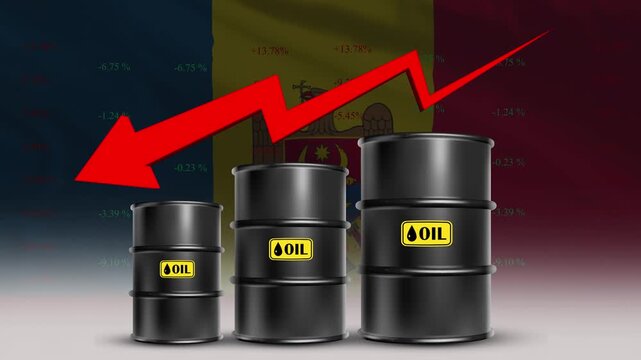 Moldova Flag with Oil Barrels and Red Downward Arrow Falling Crude Prices Economic Decline