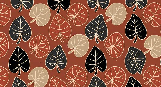 Authentic Batik Simbut pattern from Banten, Indonesia, featuring primitive taro leaf (daun talas) motifs. Designed with a rustic and earthy color palette of terracotta red, charcoal black, and beige