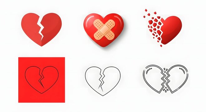 Broken hearts in various styles and colors heartbreak