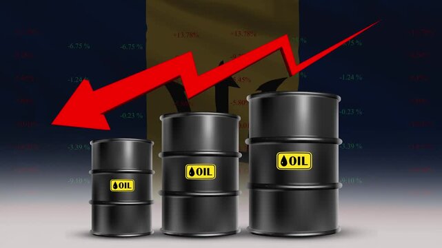 Barbados Flag with Oil Barrels and Red Downward Arrow Falling Crude Prices Economic Decline