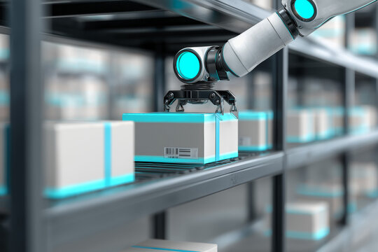 Close-Up of Warehouse Robot Gripper Precisely Picking Luminous Package from Automated Shelf System with Cyan Joint Sensors and Holographic Selection Beam Highlighting