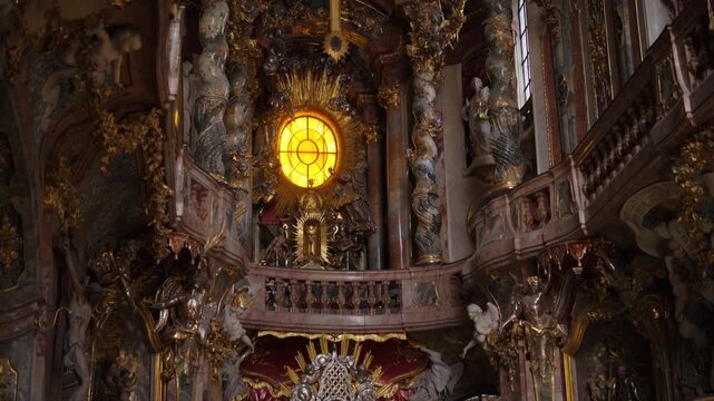 Ceiling of Asam Church St. Johann Nepomuk, Munich. Lavish Rococo decorations and frescoes. Catholic