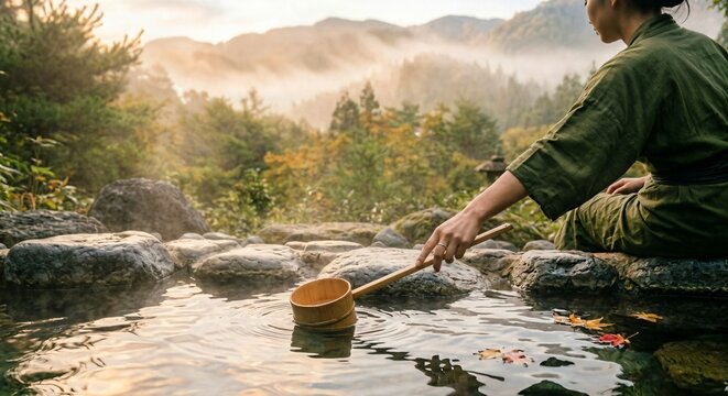 Woman in traditional Japanese yukata enjoying a serene onsen bath in autumn