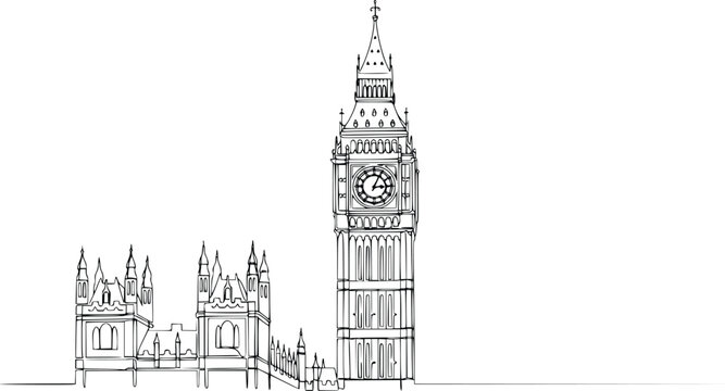 Big Ben London Detailed Line Art Vector &ndash; Hand Drawn Elizabeth Tower and Westminster Outline