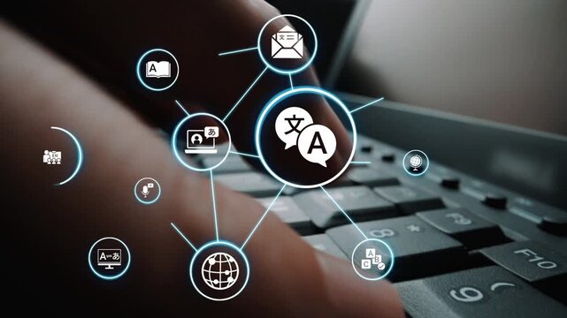 Translation icons show international languages, interpretation, and communication. Translation helps global business, translation supports learning, and translation improves cultural exchange. Funnel