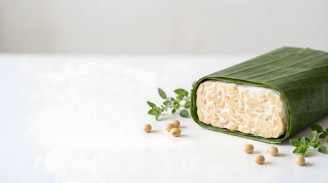 Fresh tempeh block wrapped in banana leaf on white background