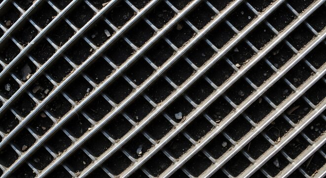 Close-up of a metal grate pattern with diagonal lines.