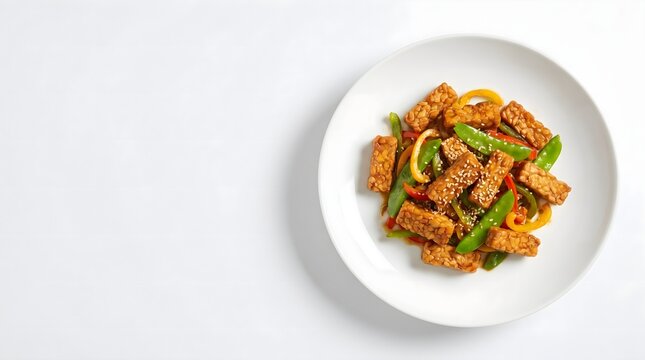 Top view stir fried tempeh with vegetables on white plate