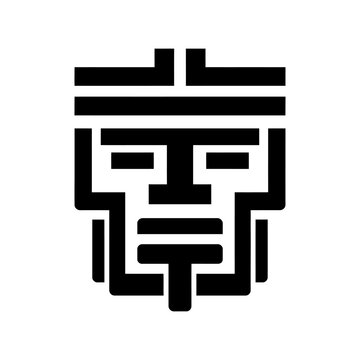 The geometric face illustration depicts a stylized humanoid head in black lines and shapes on white.