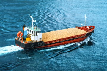 Fototapeta premium cargo barge loaded with grain sailing on open sea. Bulk commodity trade transport