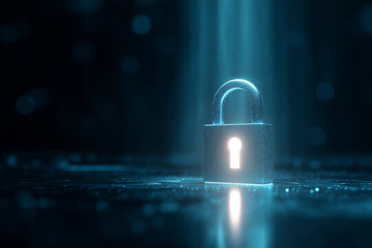 Cybersecurity concept of a glowing digital lock - quantum encryption and futuristic data protection