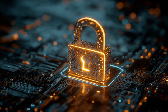Cybersecurity concept of a glowing digital lock - quantum encryption and futuristic data protection