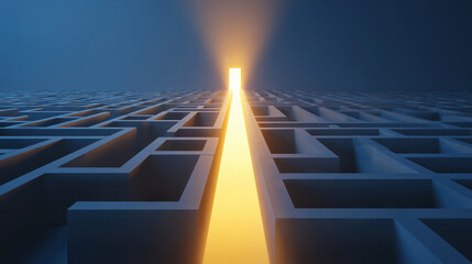 Fototapeta premium Glowing Path Through Maze Leading to Bright Exit Door in Abstract Blue Environment
