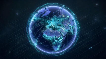 Obraz premium Global communication network with satellite connections on dark globe
