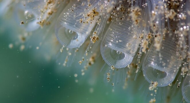 Close-up of translucent sea squirt larvae attached to a surface.