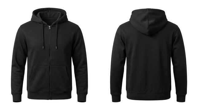 Professional studio product photography of a black zip up hoodie mockup displayed with both front and back views isolated on a clean white background for fashion apparel retail