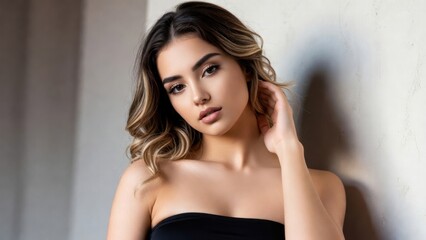 Naklejka premium Young woman leaning against wall in indoor portrait scene