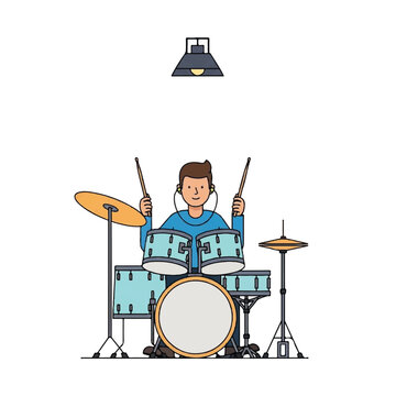 Man playing blue drum set instrument.