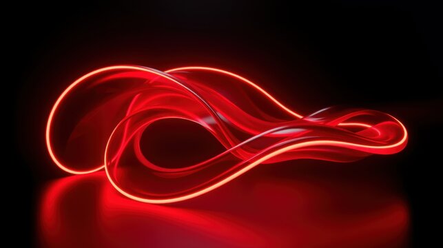 Bright red light curves flow, creating abstract form. Reflections suggest glossy surface, dramatic illumination. Minimalist composition, modern aesthetic.