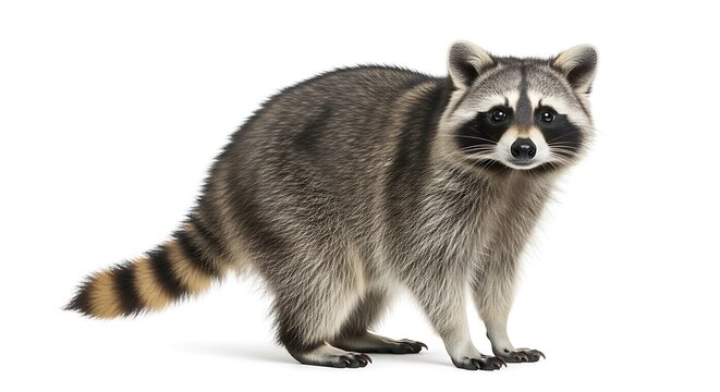 Raccoon isolated on white background, looking at camera with curious gaze